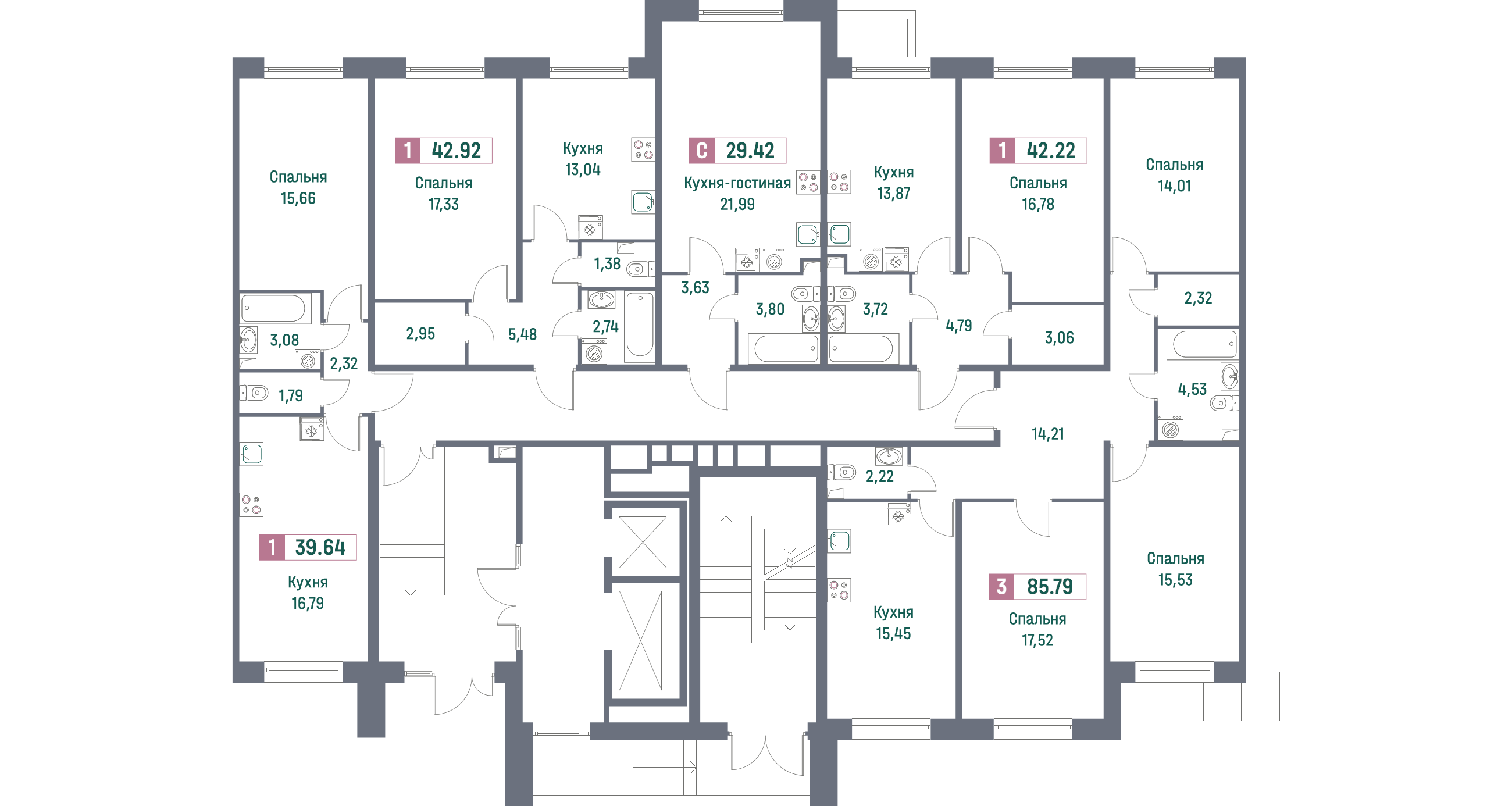 1-комнатная квартира, 42.92 м² - планировка этажа