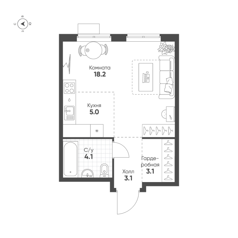 Квартира-студия, 33.5 м² в ЖК "Ягодное Река Парк" - планировка, фото №1