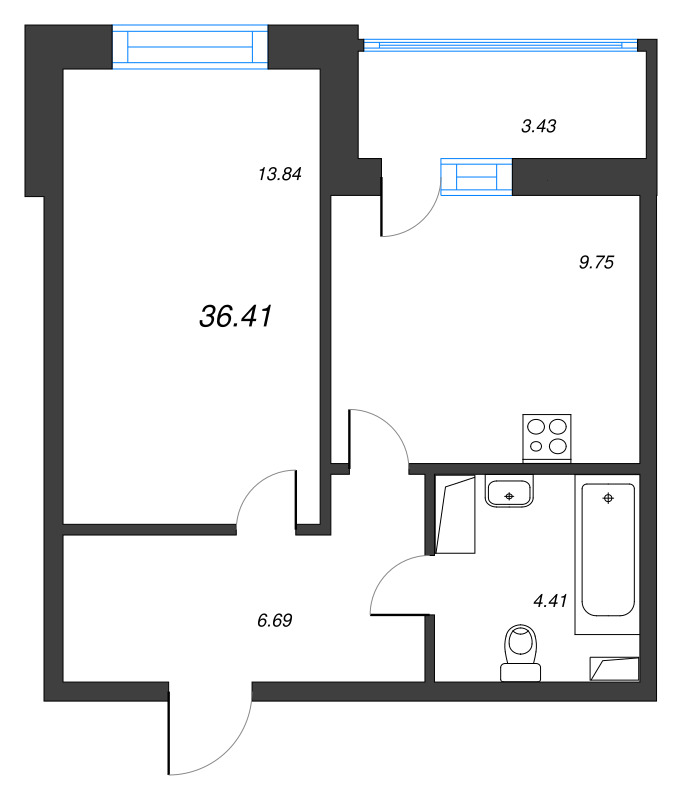1-комнатная квартира, 36.41 м² в ЖК "Аквилон Zalive" - планировка, фото №1