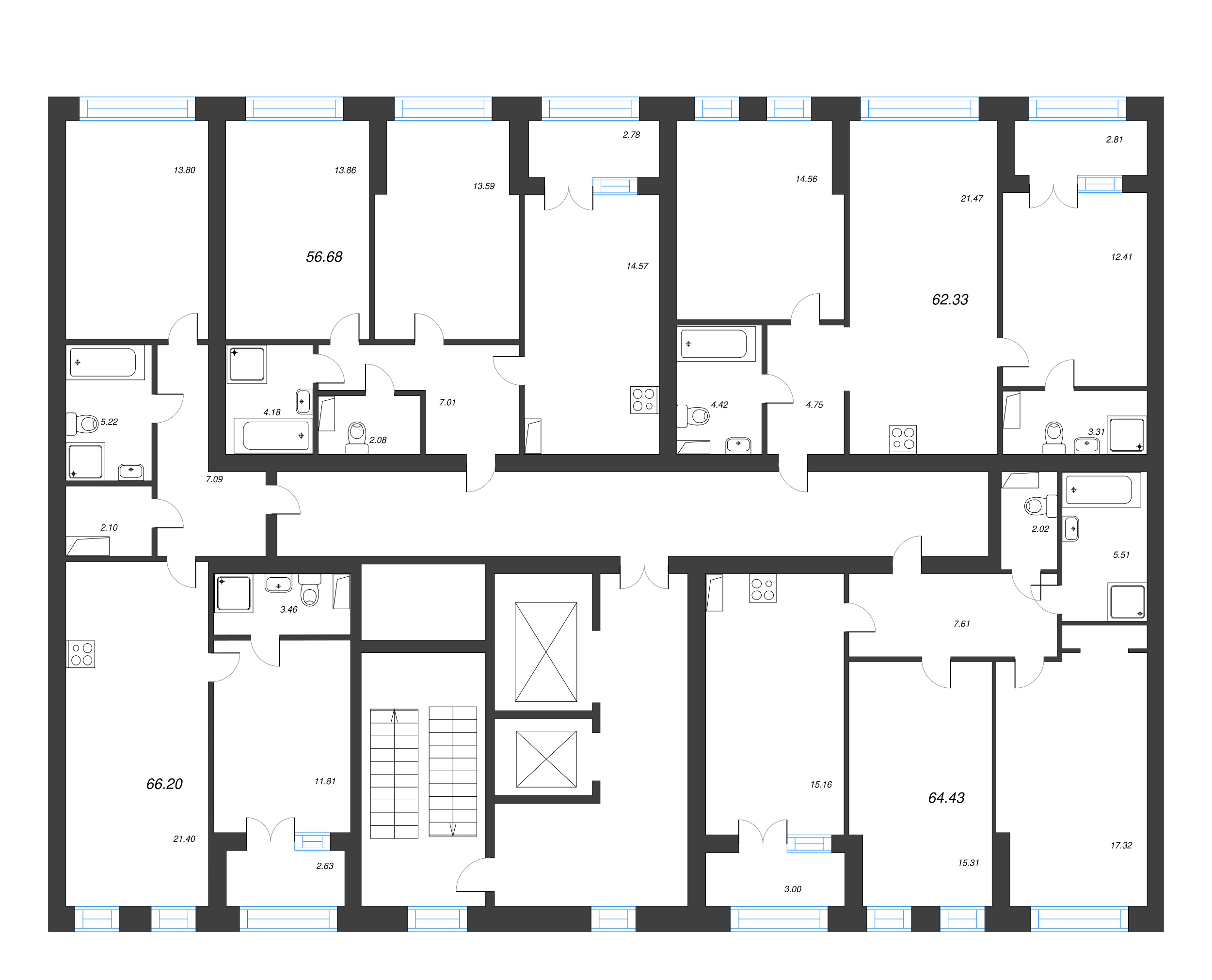 2-комнатная квартира, 66.2 м² - планировка этажа