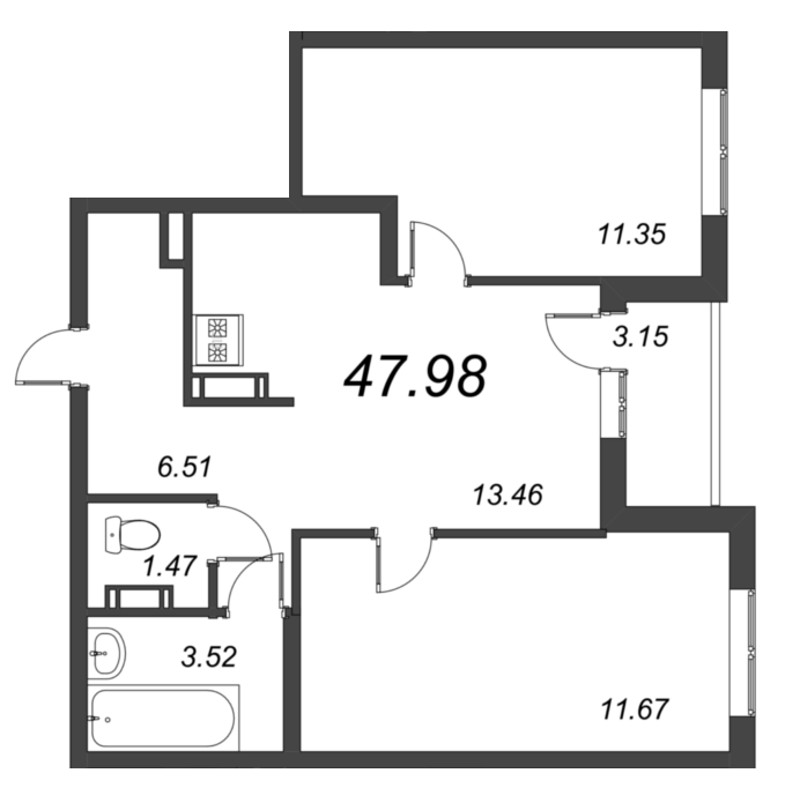 3-комнатная (Евро) квартира, 47.98 м² - планировка, фото №1