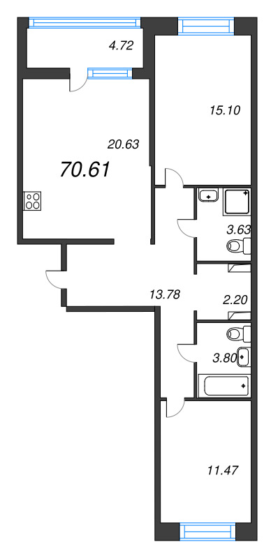 3-комнатная (Евро) квартира, 70.61 м² в ЖК "Ultra City 3.0" - планировка, фото №1