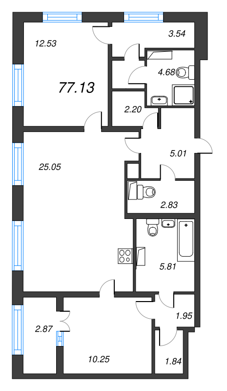 3-комнатная (Евро) квартира, 77.13 м² - планировка, фото №1