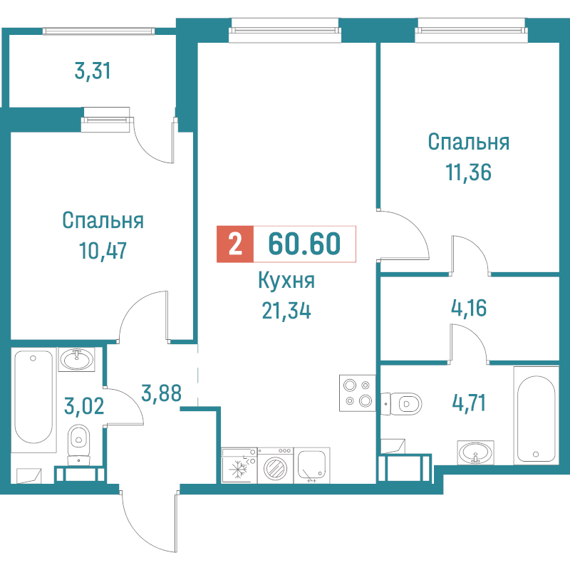 3-комнатная (Евро) квартира, 60.6 м² в ЖК "Графика" - планировка, фото №1