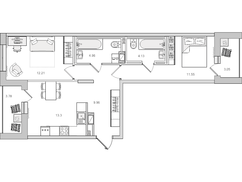 2-комнатная квартира, 62.94 м² в ЖК "Чёрная речка" - планировка, фото №1