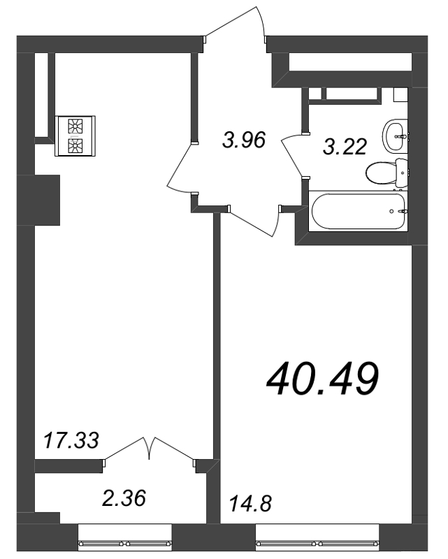 2-комнатная (Евро) квартира, 40.49 м² - планировка, фото №1