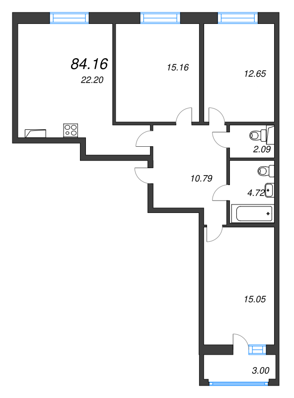 4-комнатная (Евро) квартира, 84.16 м² - планировка, фото №1 4-комнатная (Евро) квартира, 84.16 м² - планировка, фото №1