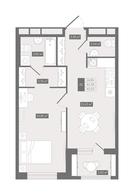 2-комнатная (Евро) квартира, 45.03 м² в ЖК "UP-квартал "Воронцовский"" - планировка, фото №1