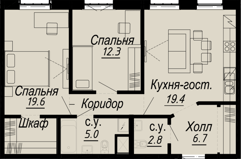 3-комнатная (Евро) квартира, 69.2 м² - планировка, фото №1