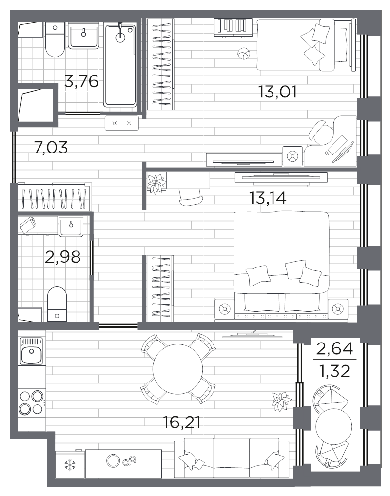 3-комнатная (Евро) квартира, 57.45 м² в ЖК "Respect" - планировка, фото №1