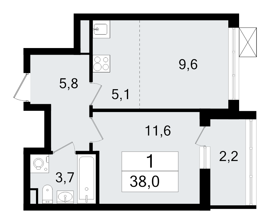 1-комнатная квартира, 38.1 м² - планировка, фото №1