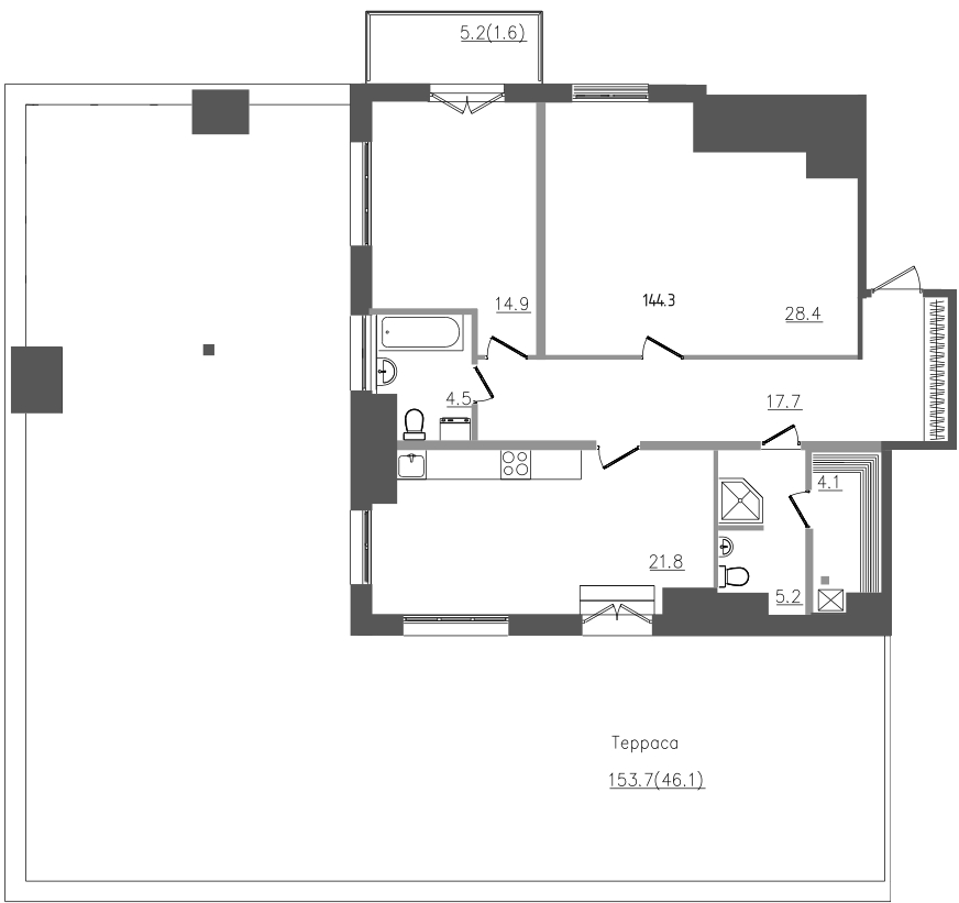 3-комнатная (Евро) квартира, 144.7 м² в ЖК "Upoint" - планировка, фото №1