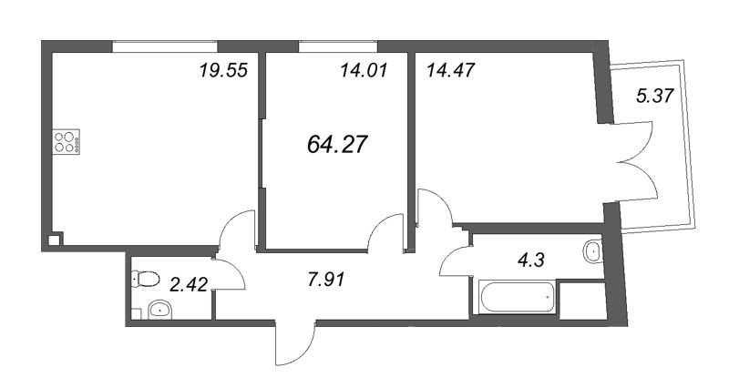 3-комнатная (Евро) квартира, 64.27 м² - планировка, фото №1