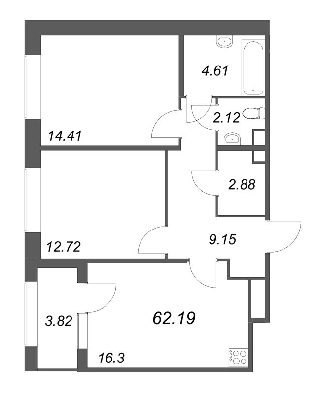 3-комнатная (Евро) квартира, 62.19 м² в ЖК "Дом на Курской" - планировка, фото №1