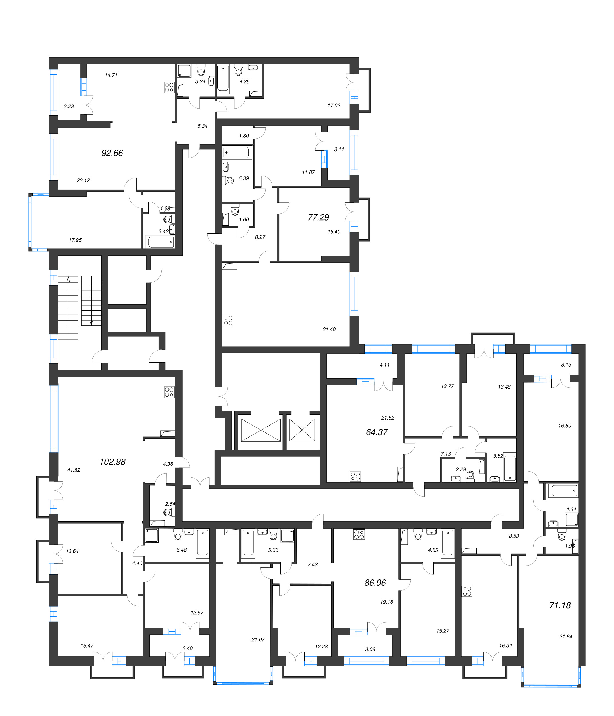 3-комнатная квартира, 99.3 м² - планировка этажа