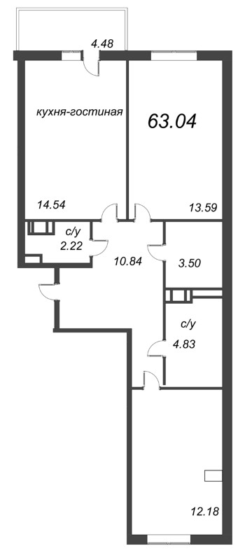 2-комнатная квартира, 66.18 м² - планировка, фото №1