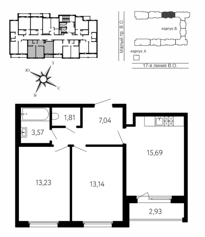 3-комнатная (Евро) квартира, 55.95 м² в ЖК "17-я линия" - планировка, фото №1