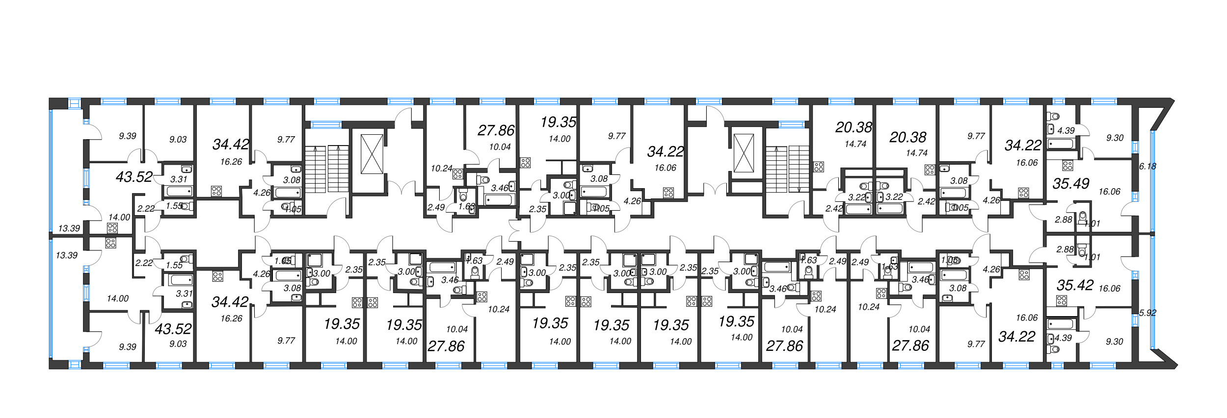 2-комнатная (Евро) квартира, 34.42 м² - планировка этажа