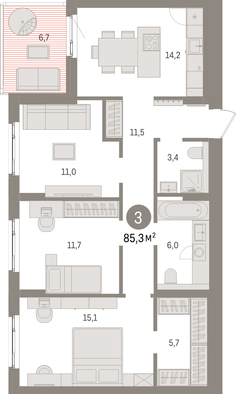 3-комнатная квартира, 85.3 м² в ЖК "Брусника в Новоселье" - планировка, фото №1