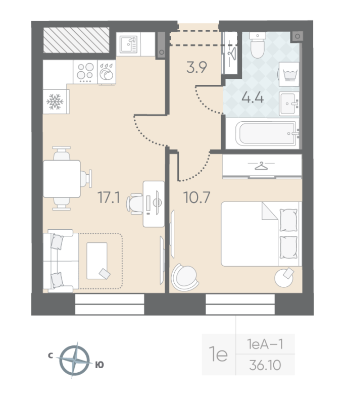 2-комнатная (Евро) квартира, 36.1 м² в ЖК "Большая Охта" - планировка, фото №1