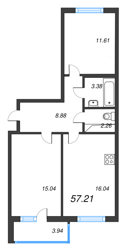 3-комнатная (Евро) квартира, 57.21 м² - планировка, фото №1