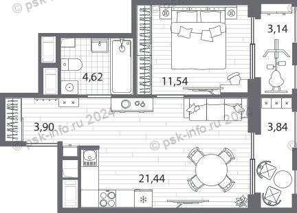 2-комнатная (Евро) квартира, 43.59 м² - планировка, фото №1