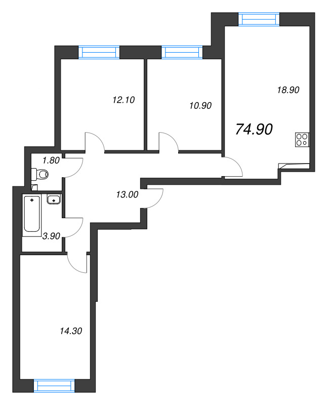 4-комнатная (Евро) квартира, 74.9 м² - планировка, фото №1