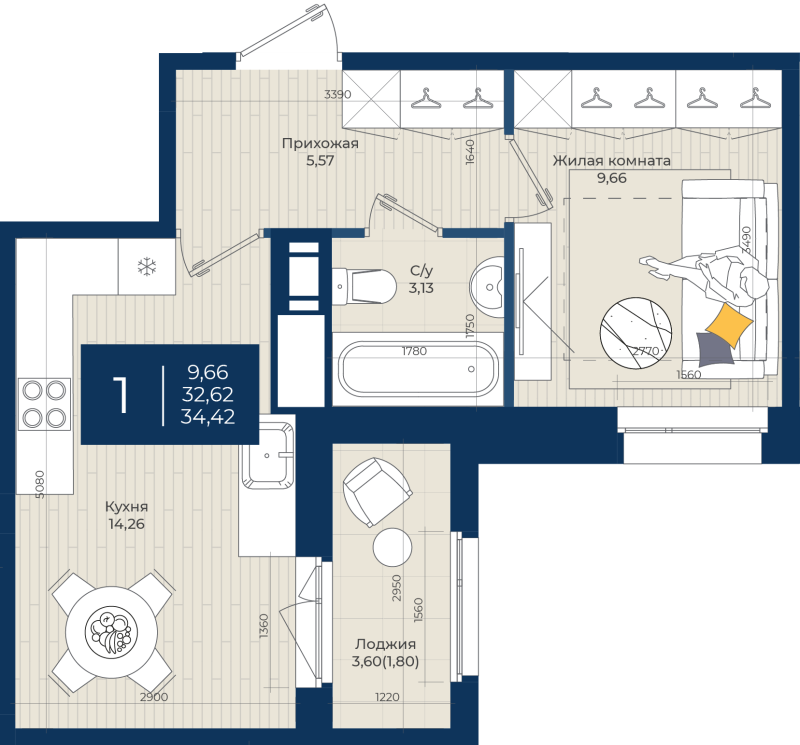 1-комнатная квартира, 34.42 м² в ЖК "Новатория" - планировка, фото №1