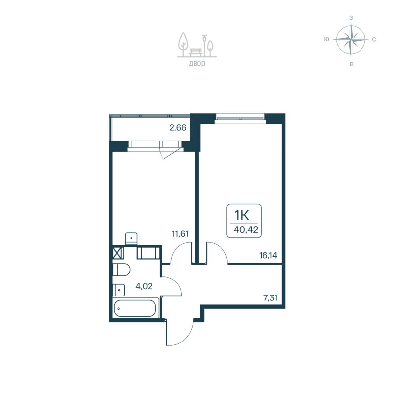 1-комнатная квартира, 40.42 м² в ЖК "Расцветай в Янино" - планировка, фото №1