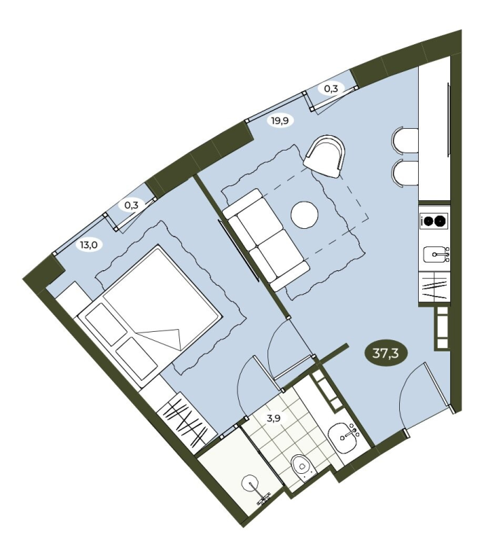 2-комнатная (Евро) квартира, 37.5 м² в ЖК "Место в Рощино" - планировка, фото №1