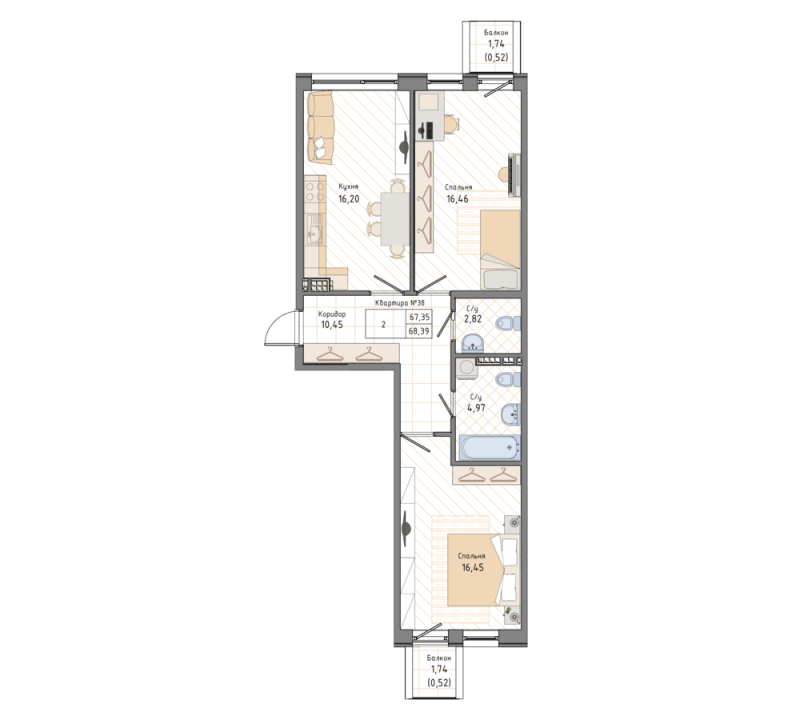 2-комнатная квартира, 68.39 м² в ЖК "Мануфактура James Beck" - планировка, фото №1
