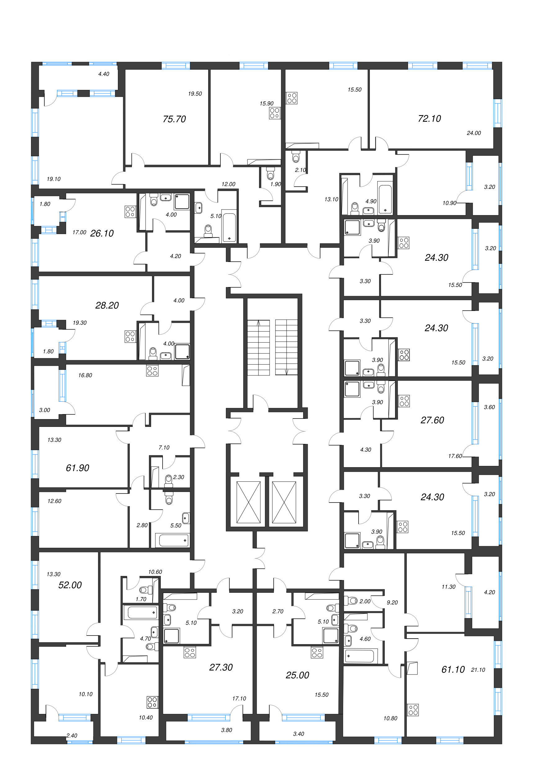 3-комнатная (Евро) квартира, 61.1 м² - планировка этажа