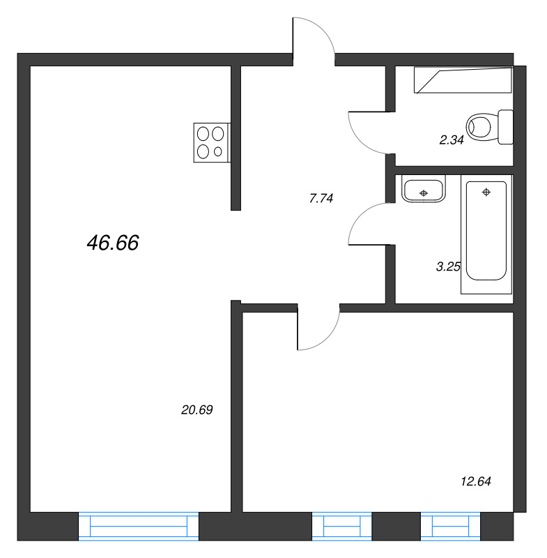 2-комнатная (Евро) квартира, 46.66 м² в ЖК "Черная речка, 41" - планировка, фото №1