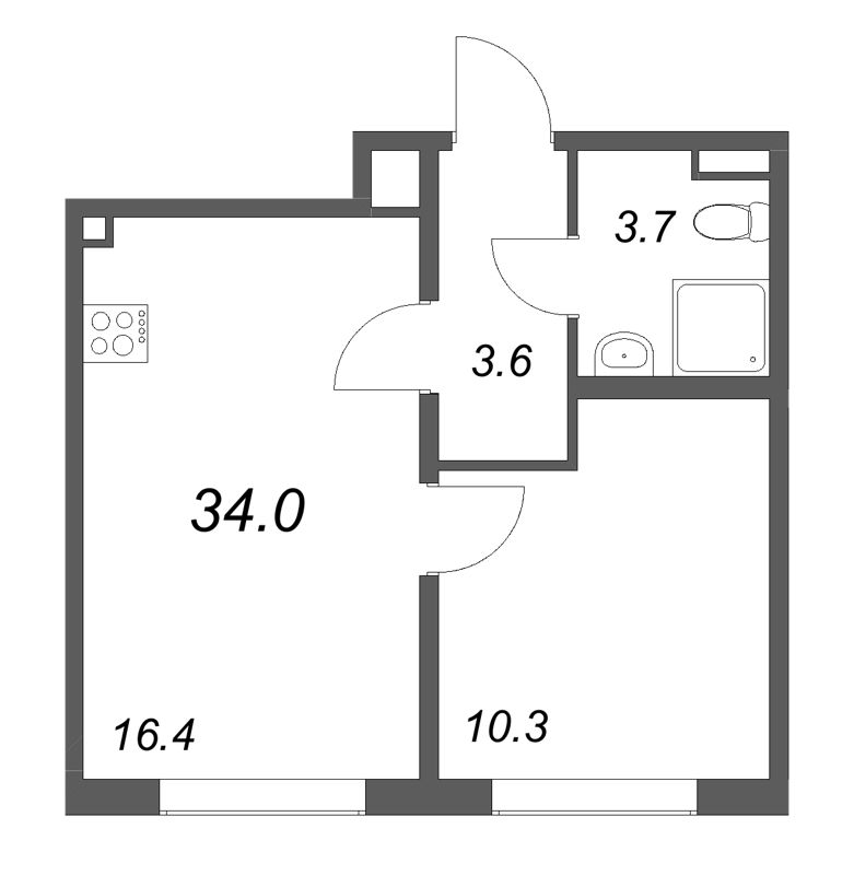 2-комнатная (Евро) квартира, 34 м² в ЖК "Пулково Lake" - планировка, фото №1