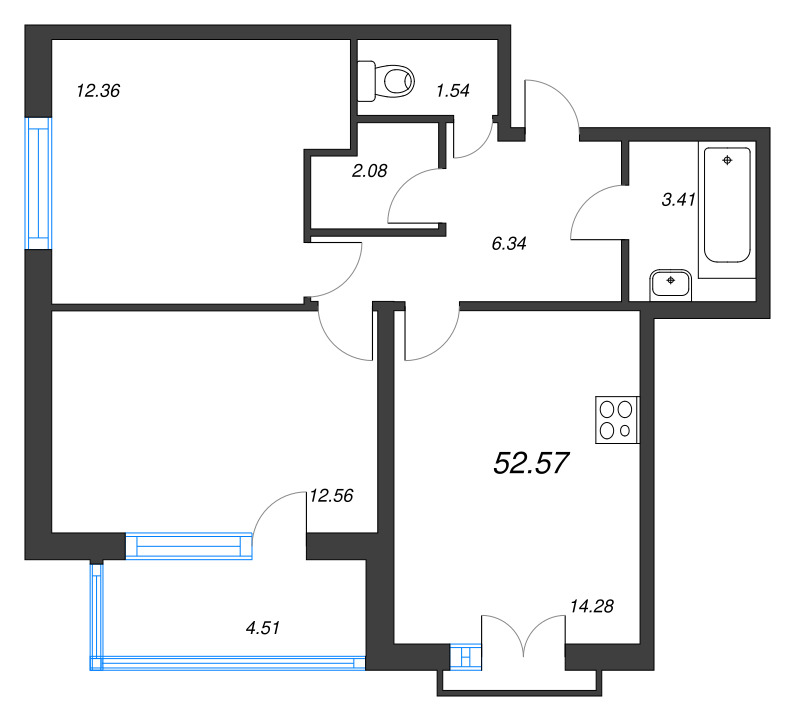 2-комнатная квартира, 52.57 м² в ЖК "Любоград" - планировка, фото №1