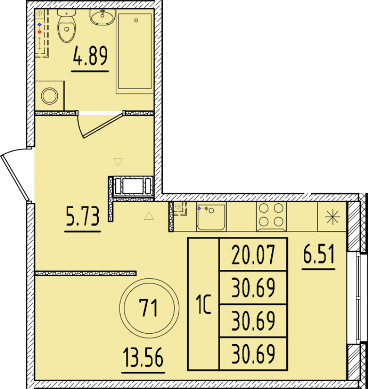 Квартира-студия, 30.69 м² - планировка, фото №1