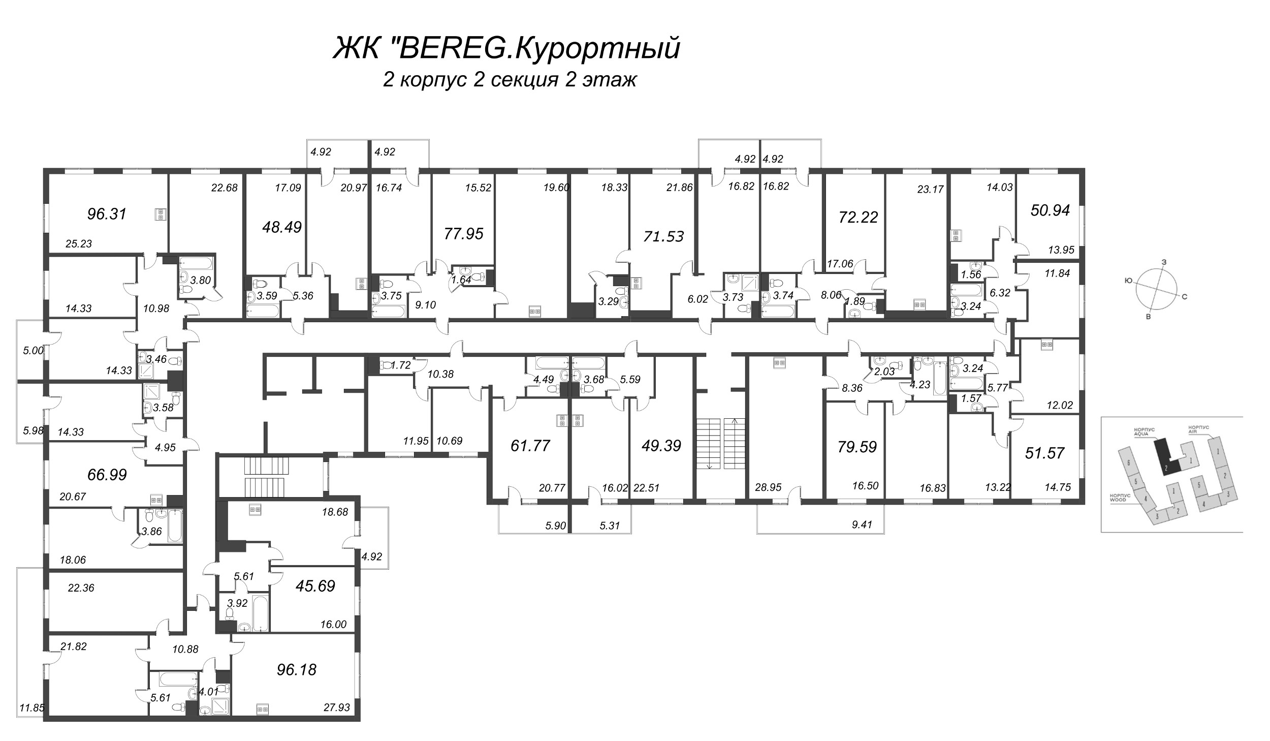 2-комнатная квартира, 61.77 м² в ЖК "Bereg. Курортный" - планировка этажа