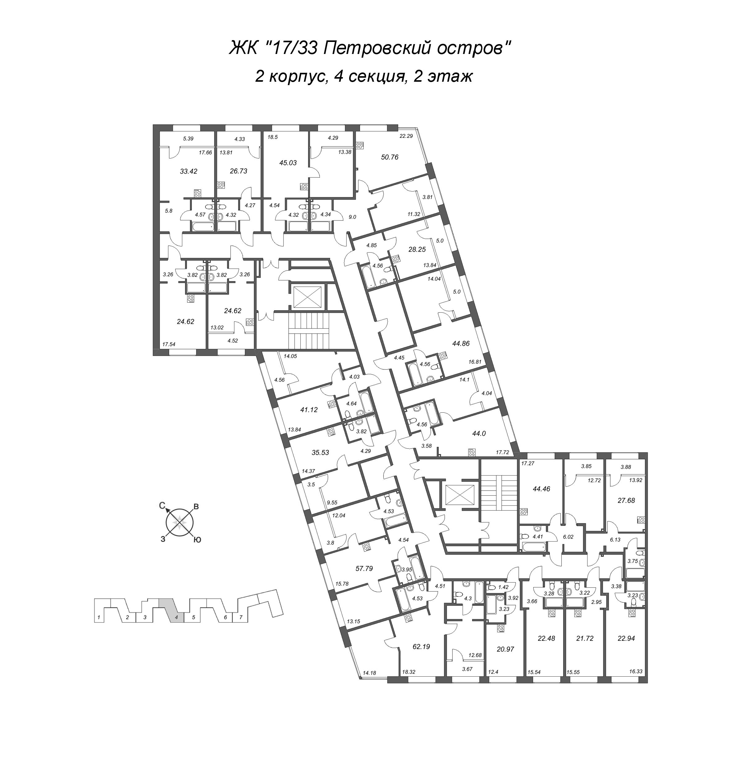 2-комнатная (Евро) квартира, 44.86 м² в ЖК "17/33 Петровский остров" - планировка этажа