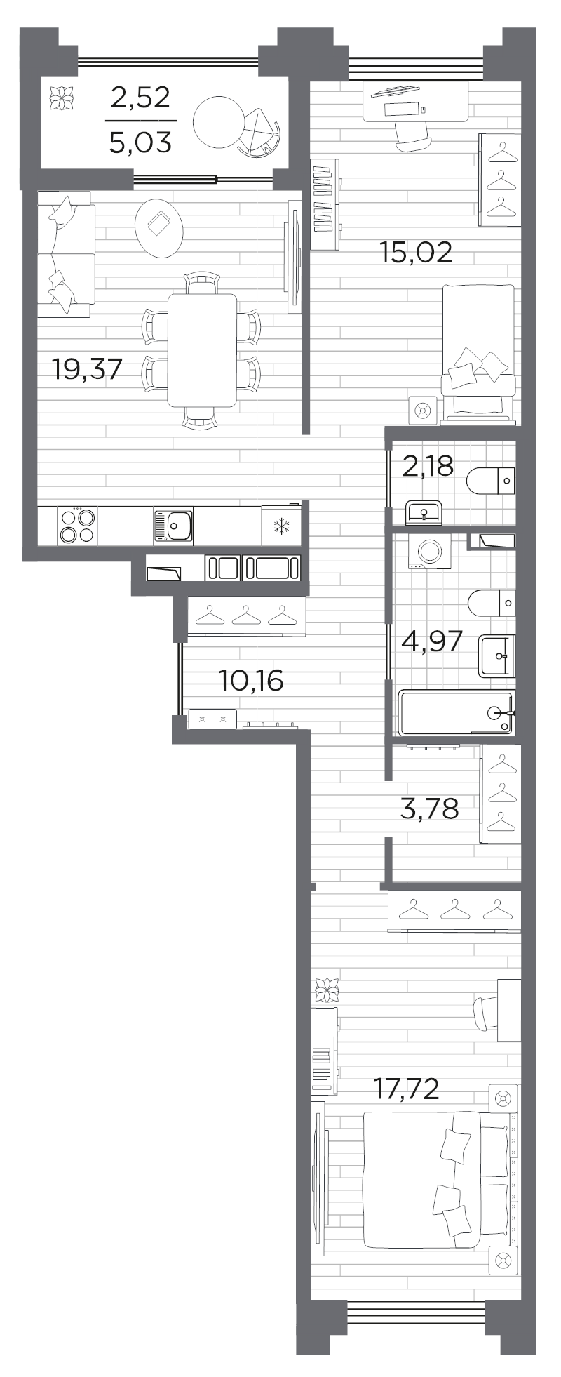 3-комнатная (Евро) квартира, 75.72 м² в ЖК "Ассамблея" - планировка, фото №1
