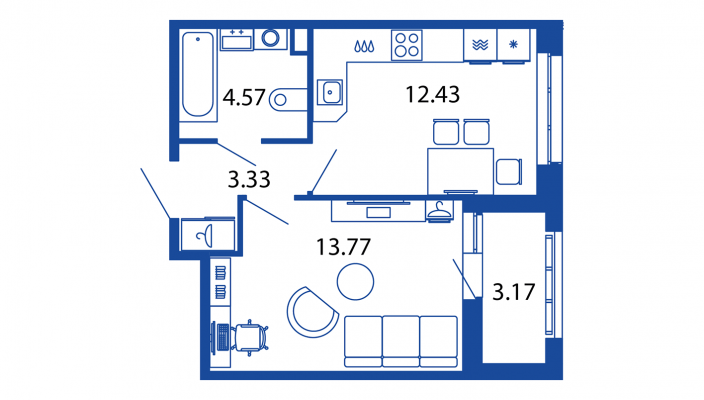 1-комнатная квартира, 34.1 м² - планировка, фото №1