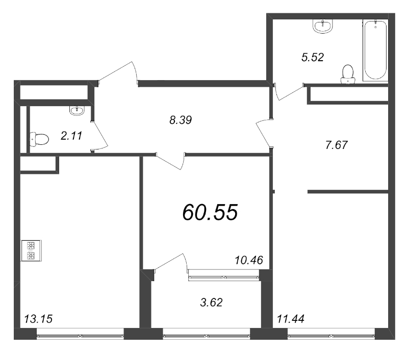 2-комнатная квартира, 60.55 м² - планировка, фото №1