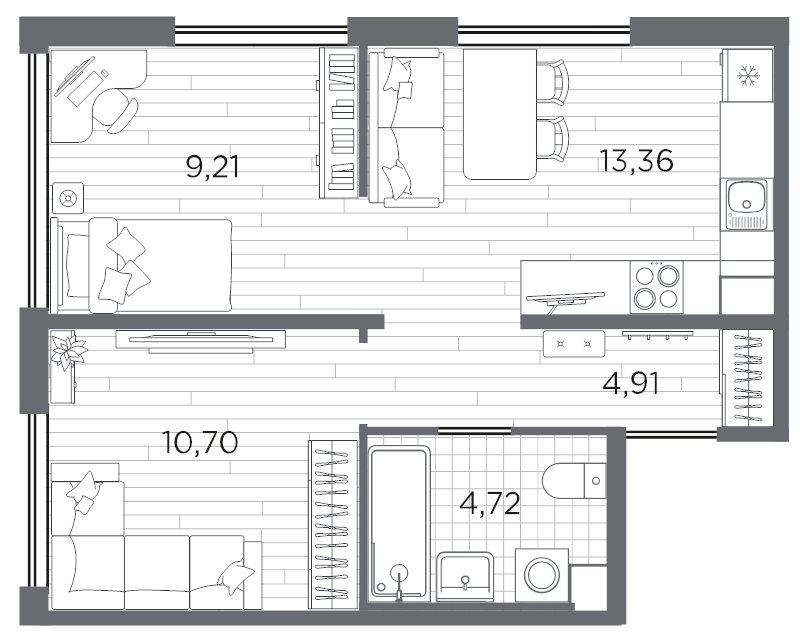 2-комнатная квартира, 42.9 м² в ЖК "PLUS Пулковский" - планировка, фото №1