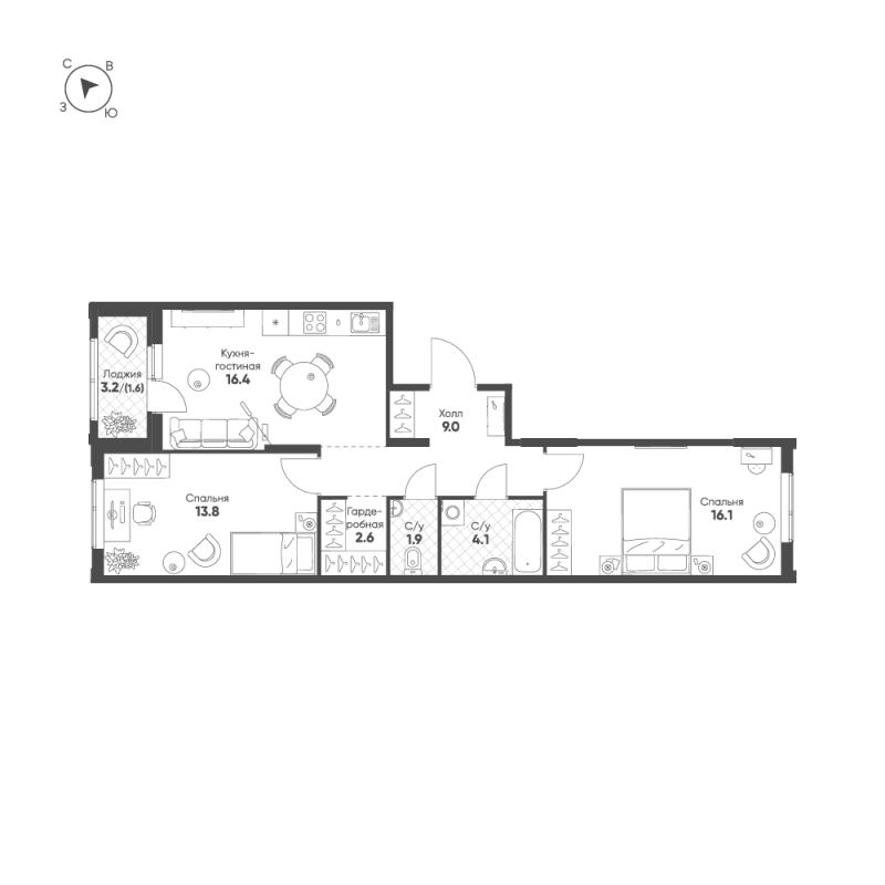 3-комнатная (Евро) квартира, 65.5 м² в ЖК "Ягодное Река Парк" - планировка, фото №1