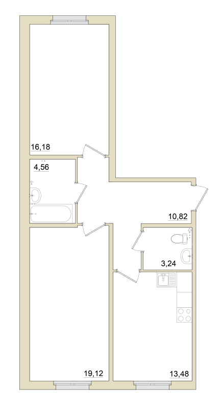 2-комнатная квартира, 67.9 м² - планировка, фото №1