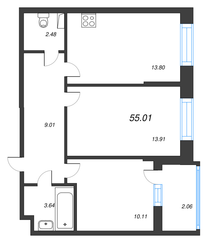 2-комнатная квартира, 55.01 м² в ЖК "Аквилон Верба" - планировка, фото №1