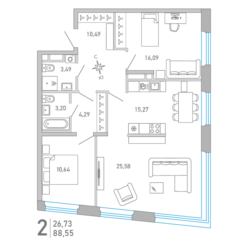 3-комнатная (Евро) квартира, 88.55 м² в ЖК "Министр" - планировка, фото №1