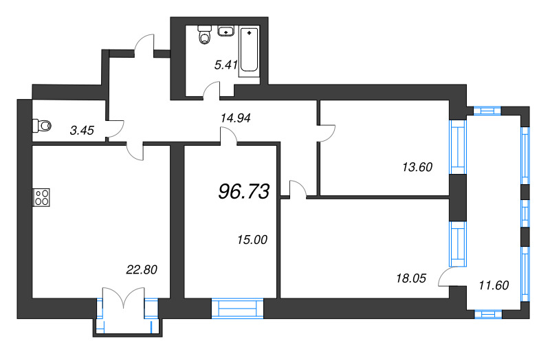 4-комнатная (Евро) квартира, 96.6 м² в ЖК "Листва" - планировка, фото №1