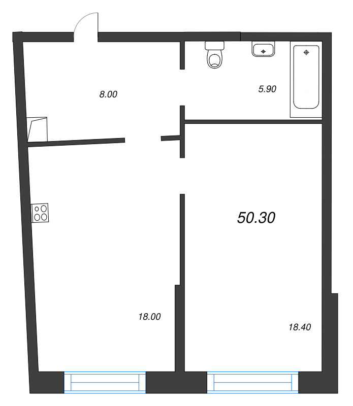 2-комнатная (Евро) квартира, 50.3 м² - планировка, фото №1