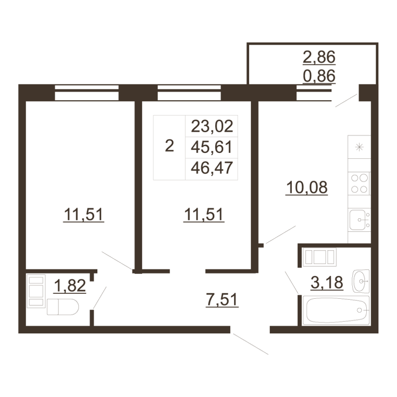 2-комнатная квартира, 46.47 м² в ЖК "Перспектива" - планировка, фото №1