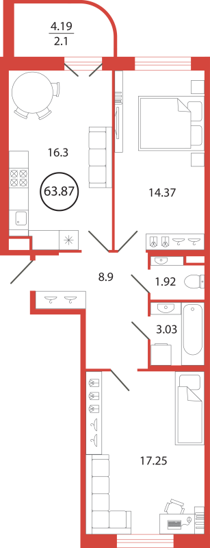 2-комнатная квартира, 63.87 м² в ЖК "Энфилд" - планировка, фото №1